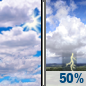 Sunday: A chance of showers between 1pm and 2pm, then a chance of showers and thunderstorms after 2pm.  Mostly sunny, with a high near 82. Light and variable wind becoming south southeast 5 to 10 mph in the morning. Winds could gust as high as 21 mph.  Chance of precipitation is 50%.