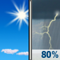 Today: Showers and possibly a thunderstorm between 2pm and 5pm, then showers and thunderstorms likely after 5pm.  High near 87. South southwest wind 11 to 17 mph, with gusts as high as 30 mph.  Chance of precipitation is 80%. New rainfall amounts between a tenth and quarter of an inch, except higher amounts possible in thunderstorms. 
