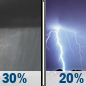 Tonight: A chance of showers and thunderstorms, mainly between 11pm and midnight. Mostly cloudy, with a low around 68. South wind around 5 mph. Chance of precipitation is 30%. New rainfall amounts of less than a tenth of an inch, except higher amounts possible in thunderstorms. Tonight: A chance of showers and thunderstorms, mainly between 11pm and midnight. Mostly cloudy, with a low around 68. South wind around 5 mph. Chance of precipitation is 30%. New rainfall amounts of less than a tenth of an inch, except higher amounts possible in thunderstorms.