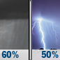 Wednesday Night: Showers likely and possibly a thunderstorm before 8pm, then a chance of showers and thunderstorms between 8pm and 2am, then a chance of showers after 2am. Mostly cloudy, with a low around 65. Chance of precipitation is 60%. Wednesday Night: Showers likely and possibly a thunderstorm before 8pm, then a chance of showers and thunderstorms between 8pm and 2am, then a chance of showers after 2am. Mostly cloudy, with a low around 65. Chance of precipitation is 60%.