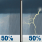 Tuesday: A chance of showers between 8am and 2pm, then a chance of showers and thunderstorms after 2pm. Mostly cloudy, with a high near 81. Chance of precipitation is 50%. Tuesday: A chance of showers between 8am and 2pm, then a chance of showers and thunderstorms after 2pm. Mostly cloudy, with a high near 81. Chance of precipitation is 50%.