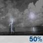Wednesday Night: A chance of showers and thunderstorms between 8pm and 2am.  Partly cloudy, with a low around 61. Chance of precipitation is 50%.