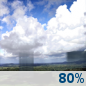 Tuesday: Showers before 8am, then showers likely and possibly a thunderstorm between 8am and 2pm, then a chance of showers and thunderstorms after 2pm.  High near 83. Chance of precipitation is 80%.