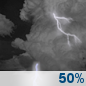 Tonight: A chance of showers and thunderstorms.  Mostly cloudy, with a low around 73. West wind around 6 mph.  Chance of precipitation is 50%. New rainfall amounts between a quarter and half of an inch possible. 